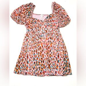 Jessica Simpson Pink and Orange Leopard Puff Sleeve Smocked Mini Dress Sz XL